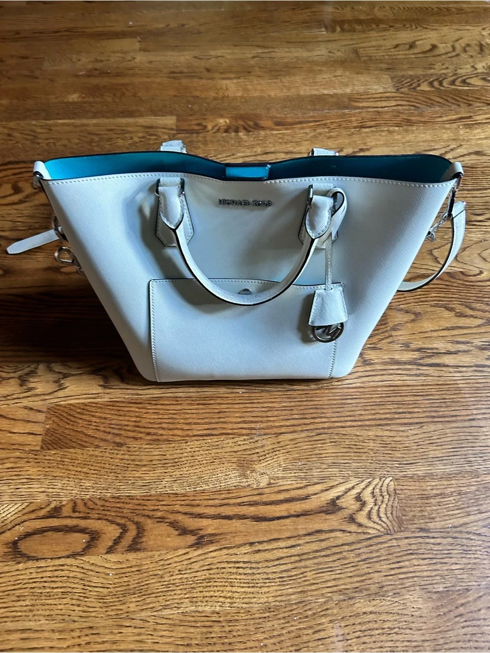 Michael Kors White Saffiano Leather Tote with Blue Interior Trim